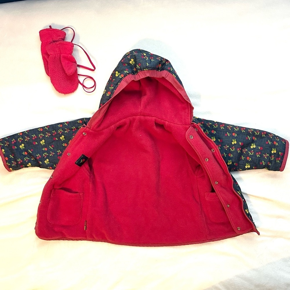 Vintage Gymboree 1998 Rainbow Tag Reversible Floral Blue/Pink Coat &Mittens 2-3T - Picture 2 of 12